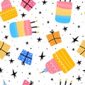 Seamless pattern with cartoon cakes, gift boxes, decor elements. Festive colorful vector, flat style. hand drawing. happy Birthday Royalty Free Stock Photo